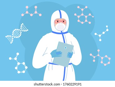 Female scientist with tablet in mask, white protective suit. Chemical lab research flat cartoon character women. Discovery vaccine coronavirus. Assistant medical worker laboratory. Vector illustration