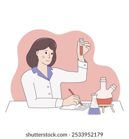 Uma cientista com um tubo de ensaio nas mãos observa uma reação química. O conceito de descoberta, pesquisa