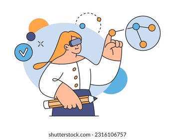 Female scientist thinking about complex science knowledge vector illustration. Education and study, vr glasses and formula, girl with dna molecules