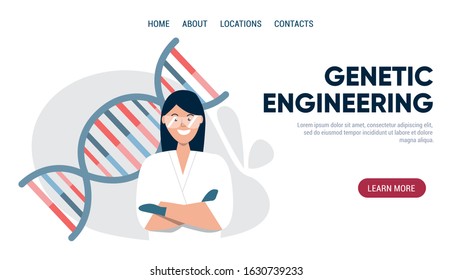 Female scientist in uniform with DNA structure behind her. DNA and genes engineering concept. Template for website, landing page. Flat vector illustration.