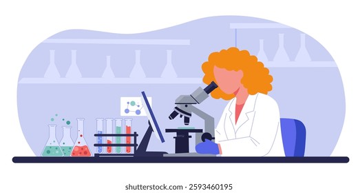 Female Scientist Using Microscope in a Laboratory with Data Analysis