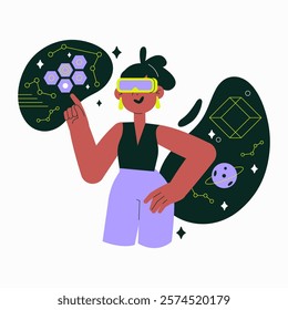 Female Scientist With VR Goggles Exploring Technology And Molecules, In Flat Vector Illustration Symbolizing Science, Innovation, And Research, Isolated On White Background
