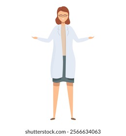 Female scientist wearing lab coat standing with open arms for presentation