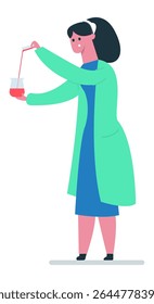 Female scientist wearing lab coat pouring red liquid into beaker during experiment in laboratory, conducting scientific research and analysis, chemical reaction, innovation and discovery