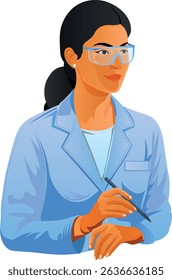 Female scientist wearing protective glasses for research and holding a pencil