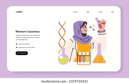 Female scientist web banner or landing page. Woman in a scarf or hijab with a test tube. Chemistry or biology research and experimentation. Women in STEM professions. Flat vector illustration