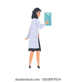 Female Scientist in White Coat Doing Scientific Researches in Science Laboratory Vector Illustration on White Background