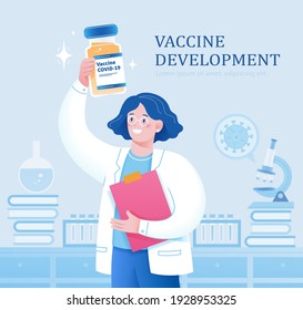 Female scientist in white coat holding vaccine bottle in lab. Concept of vaccination against COVID-19 or medical research.