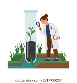 A female scientist in a white lab coat uses a magnifying glass to examine a small green plant growing inside a large test tube