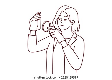 Female scientist in white medical uniform explore tube with magnifying glass. Woman researcher analyze laboratory specimen with magnifier. Vector illustration.