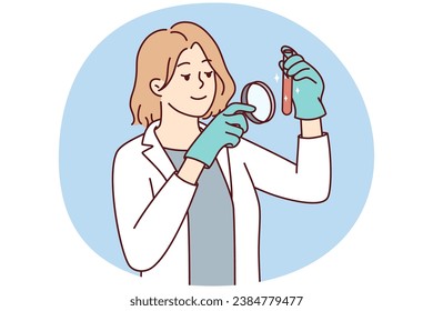 Female scientist in white medical uniform explore tube with magnifying glass. Woman researcher analyze laboratory specimen with magnifier. Vector illustration.