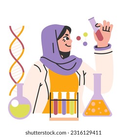 Female scientist. Woman in a scarf or hijab with a test tube. Chemistry or biology research and experimentation. Women in STEM professions. Flat vector illustration