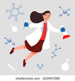 Female scientist work on experiment research flat  illustration.