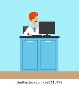 Female scientist working at a computer in a lab, administrator of the scientific center interior of science laboratory, vector Illustration
