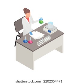 Científica trabajando con matraces en el laboratorio científico 3d ilustración vectorial isométrica