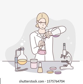 Female scientist working in lab. Hand drawn style vector design illustrations. svg
