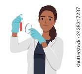 Female scientist working in lab and holding glass test tube and magnifying glasses. Flat vector illustration isolated on white background