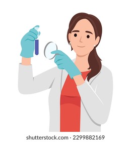 Female scientist working in lab. Holding glass test tube and magnifying glasses. Flat vector illustration isolated on white background