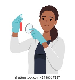 Female scientist working in lab and holding glass test tube and magnifying glasses. Flat vector illustration isolated on white background