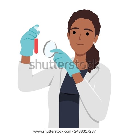 Female scientist working in lab and holding glass test tube and magnifying glasses. Flat vector illustration isolated on white background