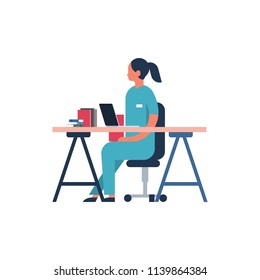 female scientist working in laboratory doing research woman history of disease stack doctor workplace vector illustration