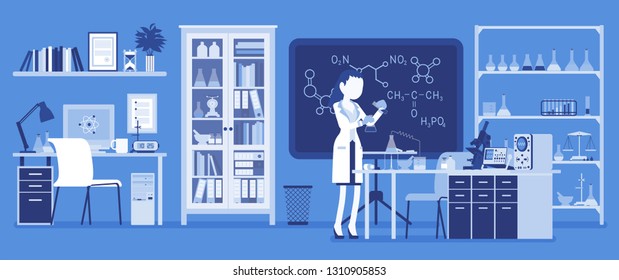 Female scientist working in laboratory. Woman in white coat, scientific investigator does research in physical natural sciences. Education and science concept. Vector illustration, faceless characters