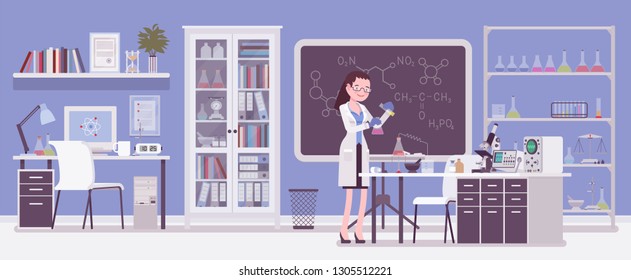 Female scientist working in laboratory. Young woman in white coat, scientific investigator does research in physical natural sciences. Vector flat style cartoon illustration isolated, white background