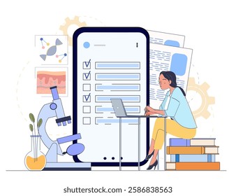 Female scientist working on laptop beside large smartphone displaying research checklist. Microscope, books, scientific diagrams. Concept of digital research, scientific analysis. Vector illustration