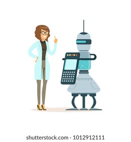 Female scientist working with robot in a modern laboratory, artificial intelligence concept vector illustration