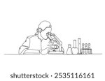 Female scientist working using microscope in continuous one line drawing. Single line art illustration of scientist and laboratory equipment Set. Editable vector.