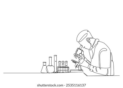 Cientista mulher trabalhando ao microscópio em desenho contínuo de uma linha. Ilustração de arte de linha única de cientista e equipamento de laboratório Conjunto. Vetor editável.