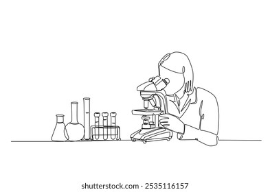 Female scientist working using microscope in continuous one line drawing. Single line art illustration of scientist and laboratory equipment Set. Editable vector.