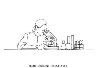 Cientista mulher trabalhando ao microscópio em desenho contínuo de uma linha. Ilustração de arte de linha única de cientista e equipamento de laboratório Conjunto. Vetor editável.