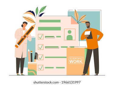 Female scientist is writing report as a medical testing plan. Doctor is conducting research. Concept of medical testing plan for every patient. Flat cartoon vector illustration