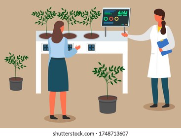 Las científicas están examinando muestras de plantas. Prueba de nitrato químico. Agricultura urbana y jardinería. Gráficos y diagramas. Los científicos llevan a cabo experimentos en el laboratorio. Ilustración vectorial plana