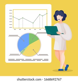 Female scientists presenting results of work. Woman showing diagrams and infochart on whiteboard. Seminar for doctors or interns. Lecture for students of medical faculty. Vector in flat style - Powered by Shutterstock - Get 15% off with code: PIKWIZARD15