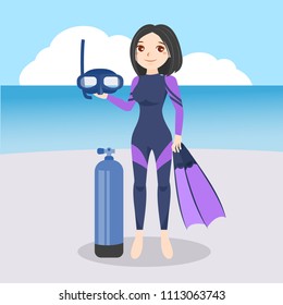 Female scuba diver checking her equipment 