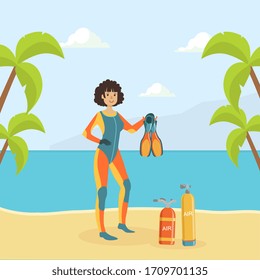 Female Scuba Diver in Diving Suit and Flippers Standing on Tropical Beach, Water Active Sport, Summer Vacation Vector Illustration