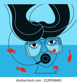 Female scuba diver face with diving equipment is watching fish isolated. Flat Art Vector illustration.