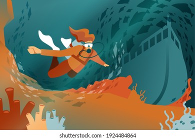 A female scuba diver in swimming goggles and fins on the ocean floor swims. Underwater landscape with flora and fauna, crabs and algae against the backdrop of a sunken ship. Scuba diving.