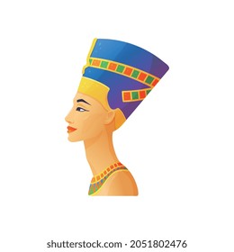 Female sculptural portrait of Nefertiti egyptian queen, flat vector illustration isolated on white background. Symbol of ancient Egyptian culture and history.