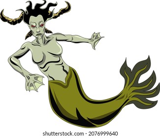 A female sea satyr, a mermaid like demon with a horned head and evil eyes. svg