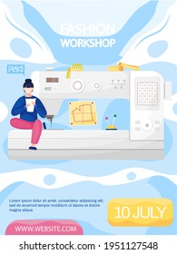 Female seamstress making clothes with sewing machine in studio. Fashion workshop concept poster