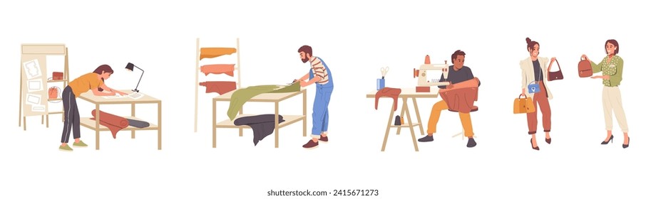 Female seamstress and male designer engaged in sewing of fashion bags for woman isolated set