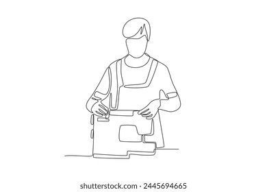 Female seamstress is preparing sewing tools.Business small one-line drawing