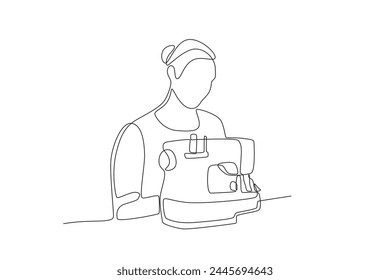 Female seamstress is sewing.Business small one-line drawing