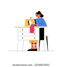 Female Seamstress Using Sewing Machine In Flat Vector Illustration Symbolizing Craftsmanship, Tailoring, And Creativity, Isolated On White Background