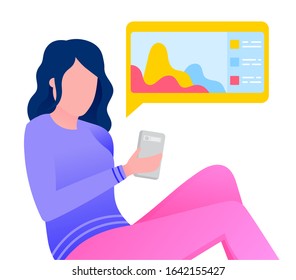 Female searching, browsing in smartphone, distance education, data analyse on screen, diagrams and charts. Vector illustration woman learning online, researching info in phone and communicating online