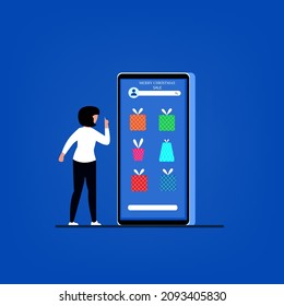 Female searching in Christmas gift online. vector illustration 