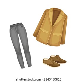 Female seasonal clothes set. Jacket, jeans and leather boots cartoon vector illustration